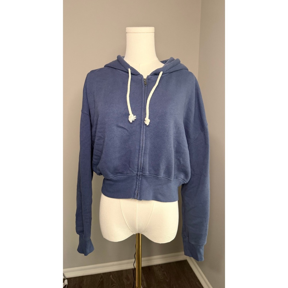 SO Blue Cropped Zip Up Hoodie Sweatshirt Womens Small Fleece Lined Long Sleeve